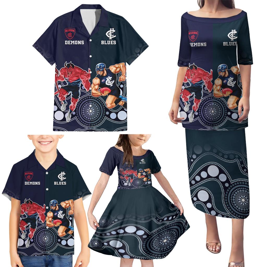 Demons And Blues Football Family Matching Puletasi and Hawaiian Shirt Melbourne And Calrton Mascots Aboriginal Art