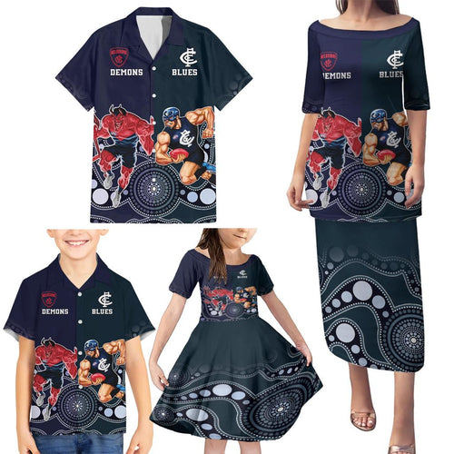 Demons And Blues Football Family Matching Puletasi and Hawaiian Shirt Melbourne And Calrton Mascots Aboriginal Art