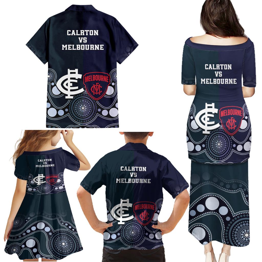 Demons And Blues Football Family Matching Puletasi and Hawaiian Shirt Melbourne And Calrton Mascots Aboriginal Art