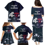 Demons And Blues Football Family Matching Puletasi and Hawaiian Shirt Melbourne And Calrton Mascots Aboriginal Art
