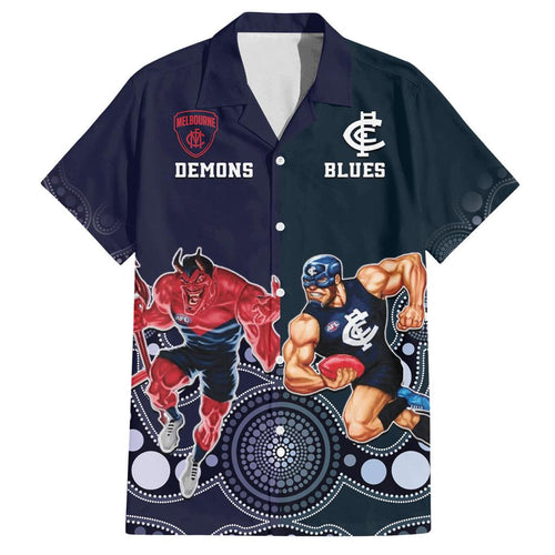 Demons And Blues Football Family Matching Puletasi and Hawaiian Shirt Melbourne And Calrton Mascots Aboriginal Art