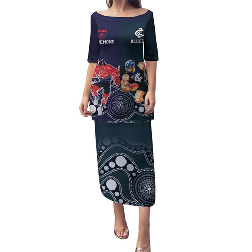 Demons And Blues Football Family Matching Puletasi and Hawaiian Shirt Melbourne And Calrton Mascots Aboriginal Art