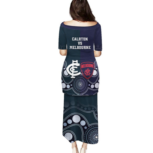 Demons And Blues Football Family Matching Puletasi and Hawaiian Shirt Melbourne And Calrton Mascots Aboriginal Art