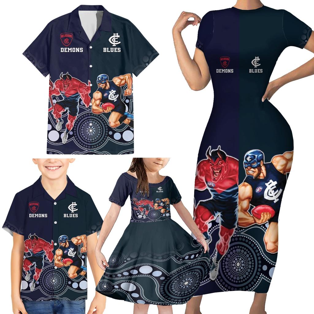 Demons And Blues Football Family Matching Short Sleeve Bodycon Dress and Hawaiian Shirt Melbourne And Calrton Mascots Aboriginal Art