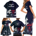 Demons And Blues Football Family Matching Short Sleeve Bodycon Dress and Hawaiian Shirt Melbourne And Calrton Mascots Aboriginal Art