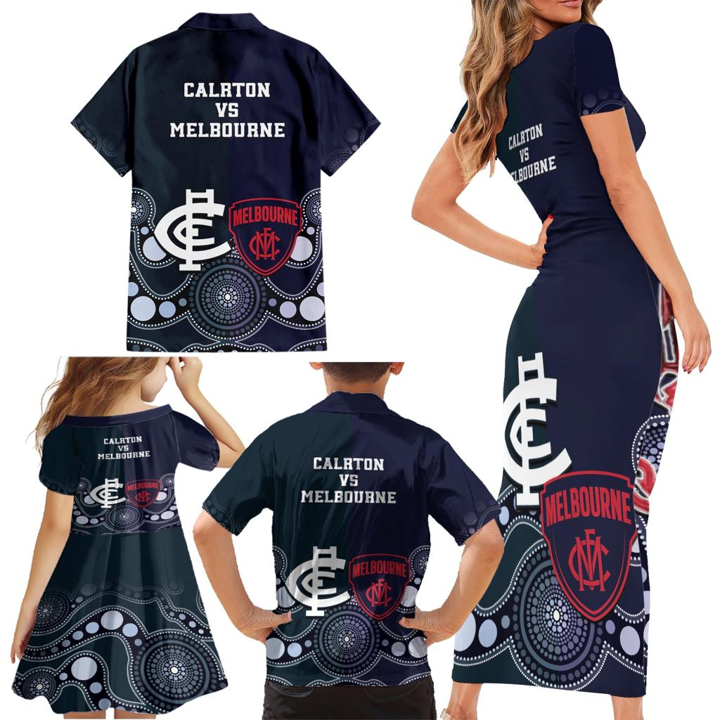 Demons And Blues Football Family Matching Short Sleeve Bodycon Dress and Hawaiian Shirt Melbourne And Calrton Mascots Aboriginal Art