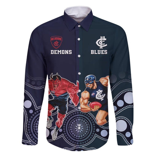 Demons And Blues Football Family Matching Short Sleeve Bodycon Dress and Hawaiian Shirt Melbourne And Calrton Mascots Aboriginal Art