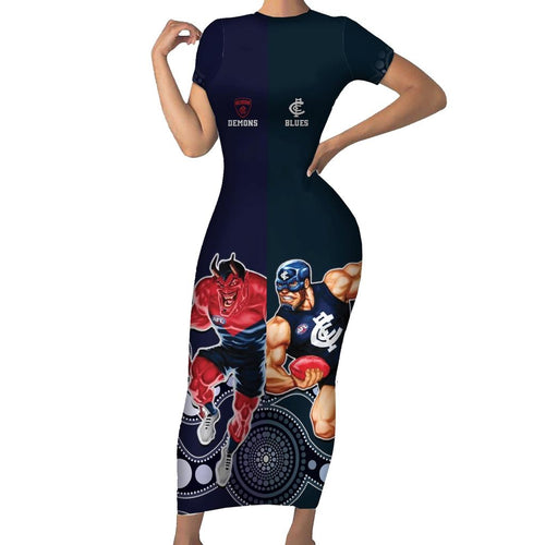 Demons And Blues Football Family Matching Short Sleeve Bodycon Dress and Hawaiian Shirt Melbourne And Calrton Mascots Aboriginal Art