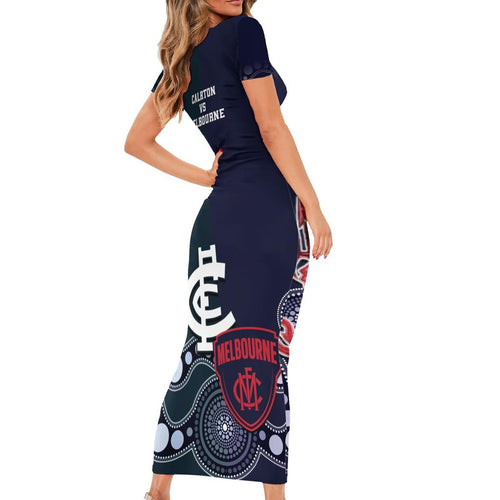 Demons And Blues Football Family Matching Short Sleeve Bodycon Dress and Hawaiian Shirt Melbourne And Calrton Mascots Aboriginal Art