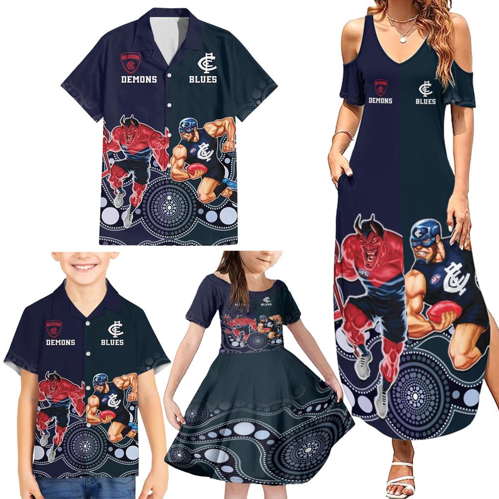 Demons And Blues Football Family Matching Summer Maxi Dress and Hawaiian Shirt Melbourne And Calrton Mascots Aboriginal Art
