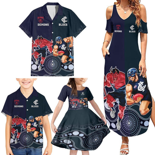 Demons And Blues Football Family Matching Summer Maxi Dress and Hawaiian Shirt Melbourne And Calrton Mascots Aboriginal Art