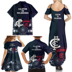 Demons And Blues Football Family Matching Summer Maxi Dress and Hawaiian Shirt Melbourne And Calrton Mascots Aboriginal Art
