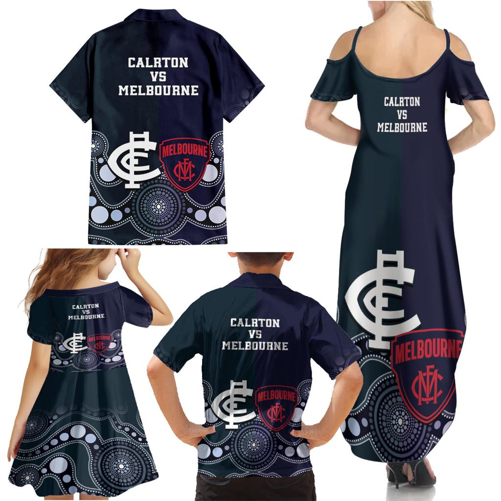 Demons And Blues Football Family Matching Summer Maxi Dress and Hawaiian Shirt Melbourne And Calrton Mascots Aboriginal Art