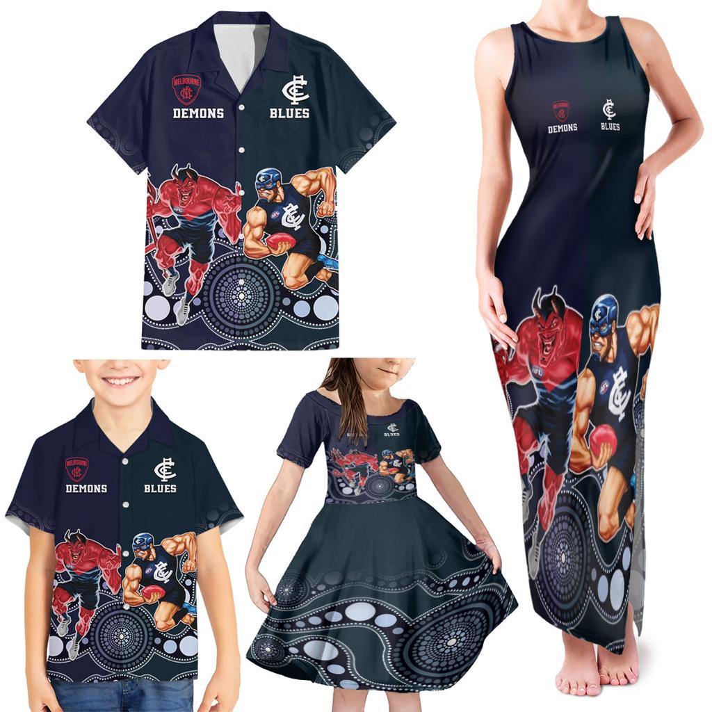 Demons And Blues Football Family Matching Tank Maxi Dress and Hawaiian Shirt Melbourne And Calrton Mascots Aboriginal Art