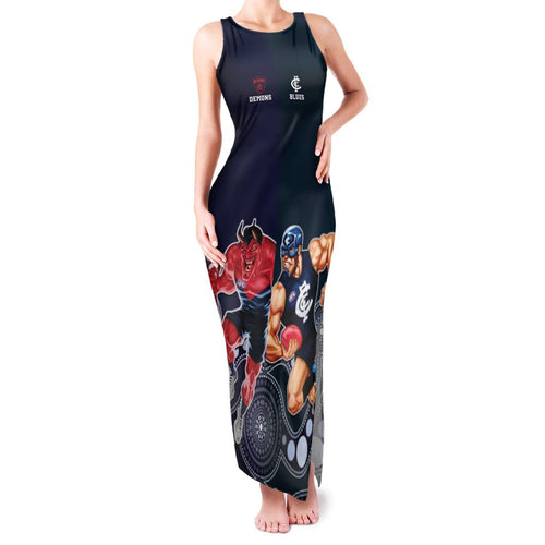 Demons And Blues Football Family Matching Tank Maxi Dress and Hawaiian Shirt Melbourne And Calrton Mascots Aboriginal Art