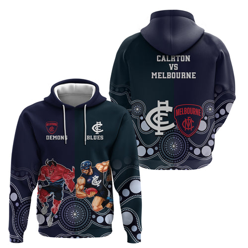Demons And Blues Football Hoodie Melbourne And Calrton Mascots Aboriginal Art