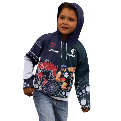 Demons And Blues Football Kid Hoodie Melbourne And Calrton Mascots Aboriginal Art