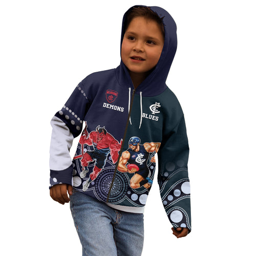 Demons And Blues Football Kid Hoodie Melbourne And Calrton Mascots Aboriginal Art