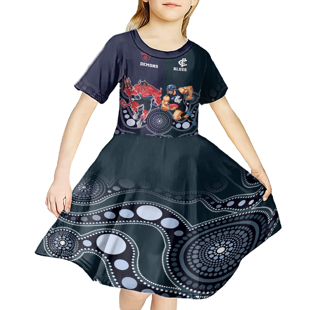 Demons And Blues Football Kid Short Sleeve Dress Melbourne And Calrton Mascots Aboriginal Art