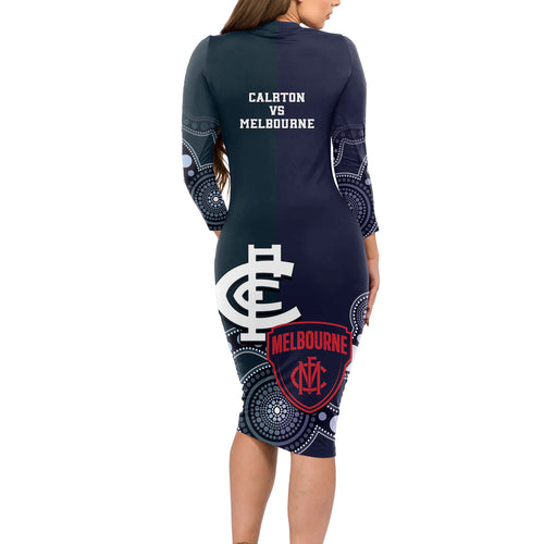 Demons And Blues Football Long Sleeve Bodycon Dress Melbourne And Calrton Mascots Aboriginal Art
