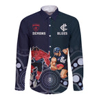 Demons And Blues Football Long Sleeve Button Shirt Melbourne And Calrton Mascots Aboriginal Art