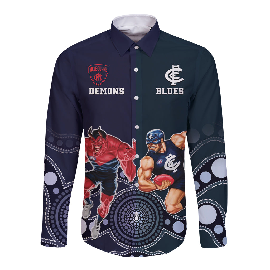 Demons And Blues Football Long Sleeve Button Shirt Melbourne And Calrton Mascots Aboriginal Art