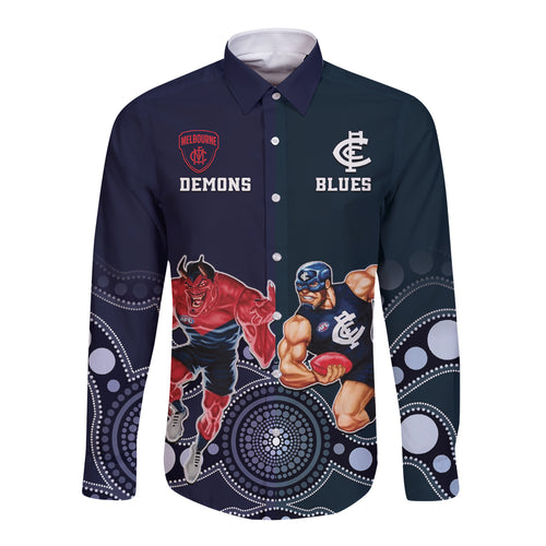 Demons And Blues Football Long Sleeve Button Shirt Melbourne And Calrton Mascots Aboriginal Art