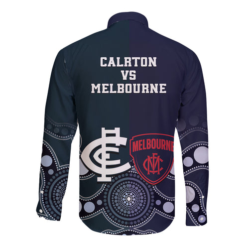 Demons And Blues Football Long Sleeve Button Shirt Melbourne And Calrton Mascots Aboriginal Art