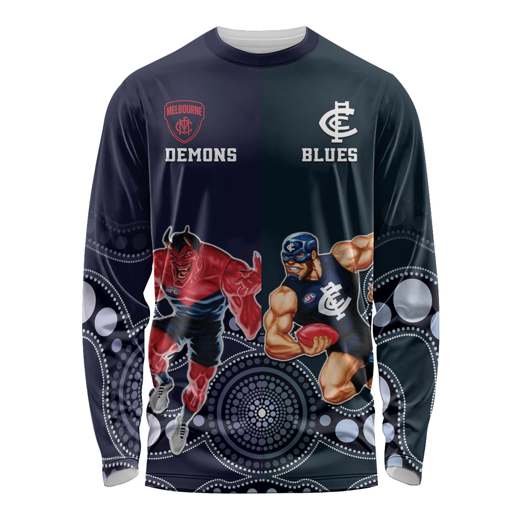 Demons And Blues Football Long Sleeve Shirt Melbourne And Calrton Mascots Aboriginal Art