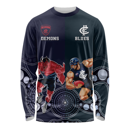 Demons And Blues Football Long Sleeve Shirt Melbourne And Calrton Mascots Aboriginal Art