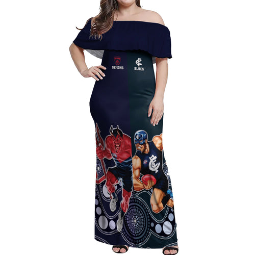 Demons And Blues Football Off Shoulder Maxi Dress Melbourne And Calrton Mascots Aboriginal Art