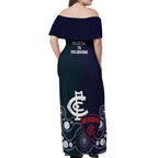 Demons And Blues Football Off Shoulder Maxi Dress Melbourne And Calrton Mascots Aboriginal Art