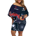 Demons And Blues Football Off Shoulder Short Dress Melbourne And Calrton Mascots Aboriginal Art