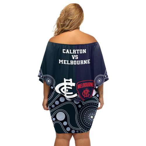 Demons And Blues Football Off Shoulder Short Dress Melbourne And Calrton Mascots Aboriginal Art