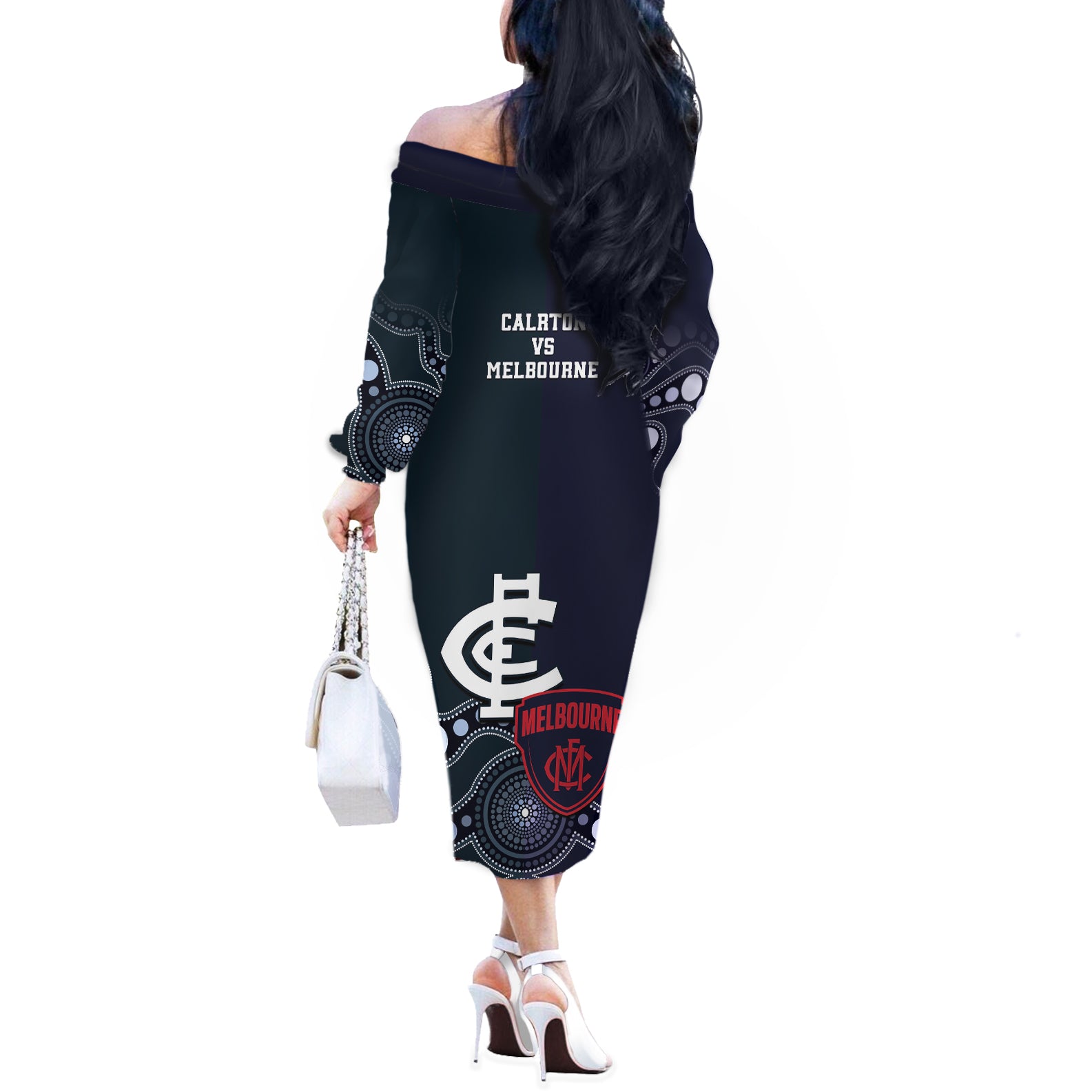 Demons And Blues Football Off The Shoulder Long Sleeve Dress Melbourne And Calrton Mascots Aboriginal Art