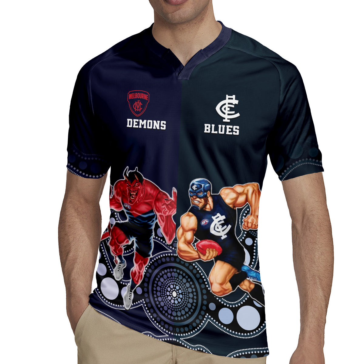 Demons And Blues Football Rugby Jersey Melbourne And Calrton Mascots Aboriginal Art