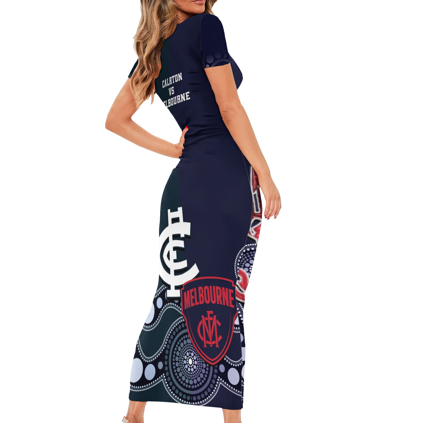 Demons And Blues Football Short Sleeve Bodycon Dress Melbourne And Calrton Mascots Aboriginal Art