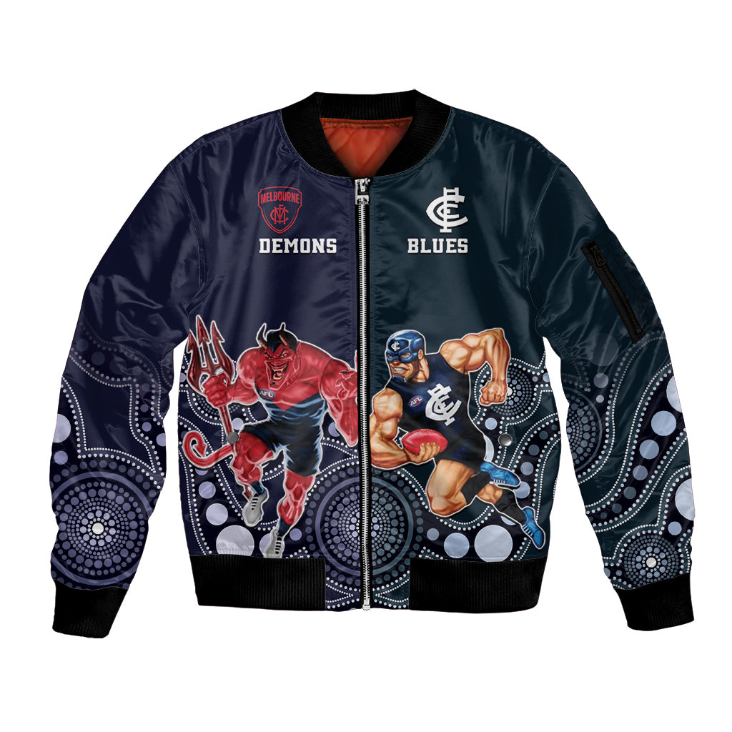 Demons And Blues Football Sleeve Zip Bomber Jacket Melbourne And Calrton Mascots Aboriginal Art