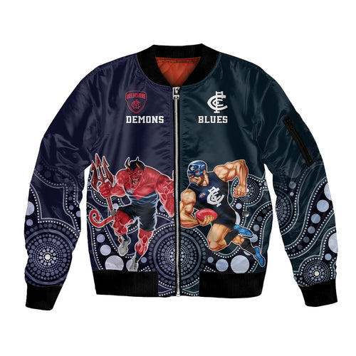 Demons And Blues Football Sleeve Zip Bomber Jacket Melbourne And Calrton Mascots Aboriginal Art