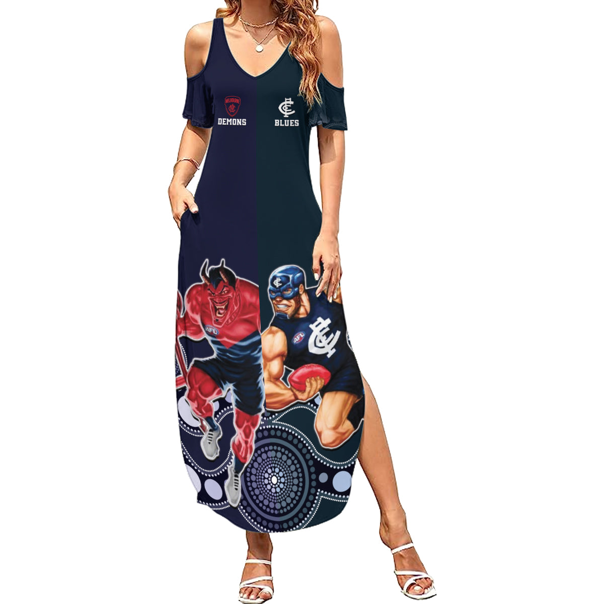 Demons And Blues Football Summer Maxi Dress Melbourne And Calrton Mascots Aboriginal Art