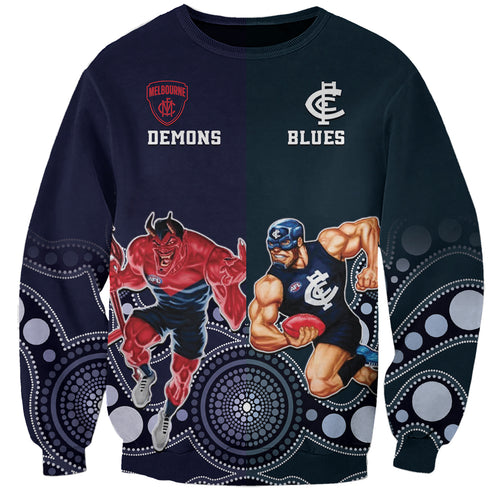 Demons And Blues Football Sweatshirt Melbourne And Calrton Mascots Aboriginal Art