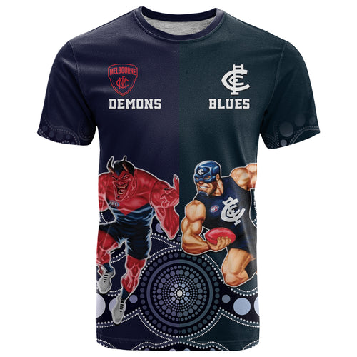 Demons And Blues Football T Shirt Melbourne And Calrton Mascots Aboriginal Art