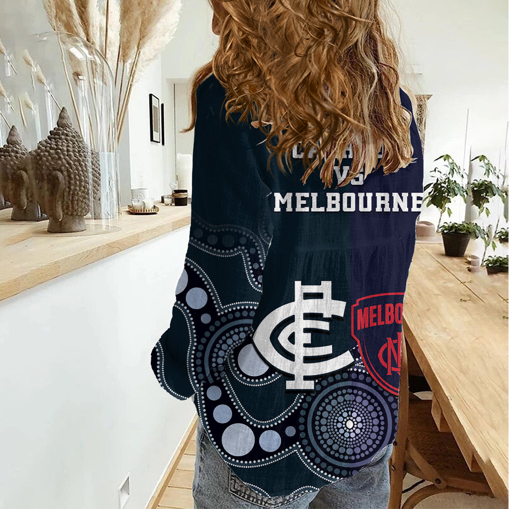 Demons And Blues Football Women Casual Shirt Melbourne And Calrton Mascots Aboriginal Art