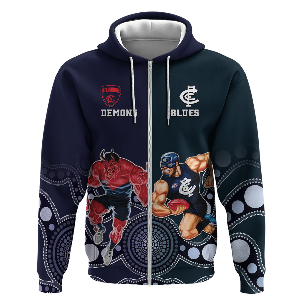 Demons And Blues Football Zip Hoodie Melbourne And Calrton Mascots Aboriginal Art