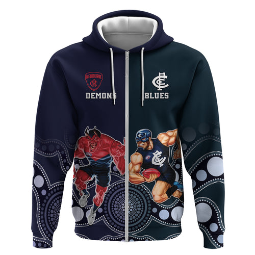 Demons And Blues Football Zip Hoodie Melbourne And Calrton Mascots Aboriginal Art