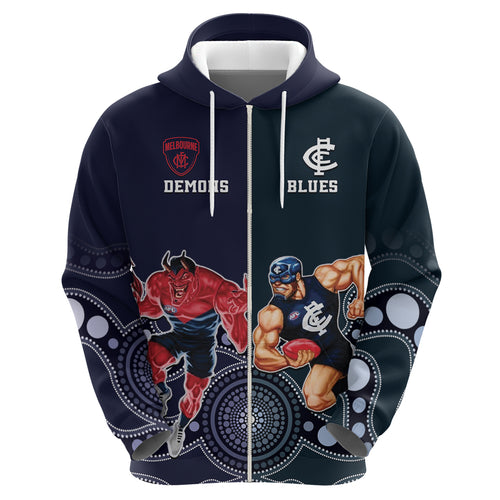 Demons And Blues Football Zip Hoodie Melbourne And Calrton Mascots Aboriginal Art