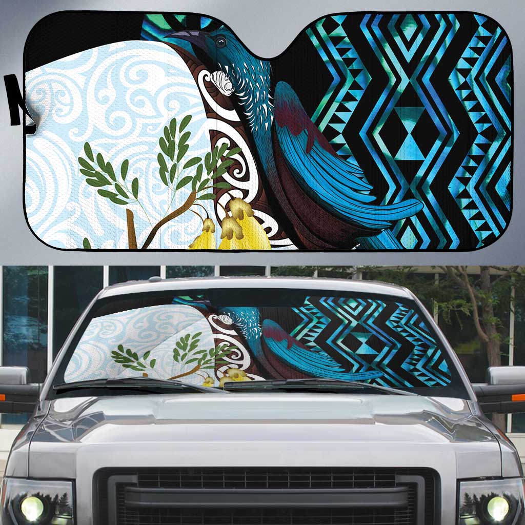 New Zealand Silver Fern Tui Bird Auto Sun Shade Maori Kowhai Paua Shell Taniko Motifs - Aussie Hoodie