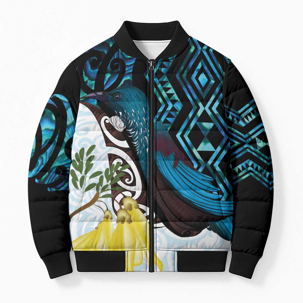 New Zealand Silver Fern Tui Bird Bomber Puffer Jacket Maori Kowhai Paua Shell Taniko Motifs - Aussie Hoodie