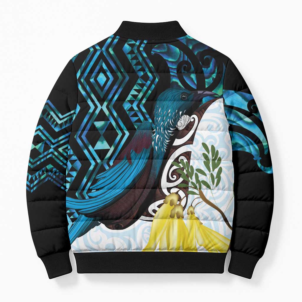 New Zealand Silver Fern Tui Bird Bomber Puffer Jacket Maori Kowhai Paua Shell Taniko Motifs - Aussie Hoodie