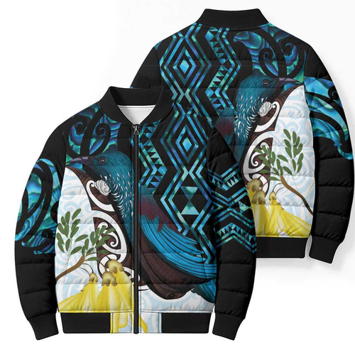 New Zealand Silver Fern Tui Bird Bomber Puffer Jacket Maori Kowhai Paua Shell Taniko Motifs - Aussie Hoodie